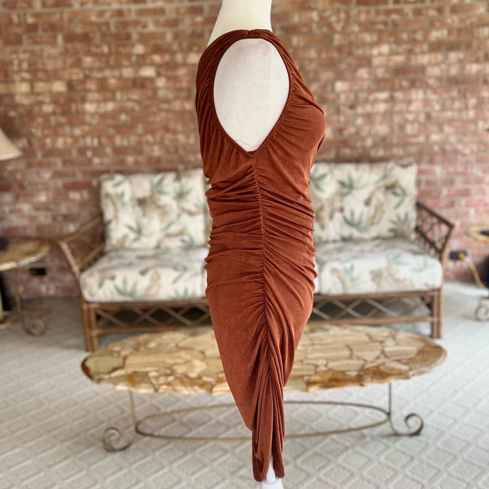 Mable Bodycon Dress Ruched One Shoulder S Asymmetrical Rust Glam Cocktail Party - Picture 12 of 15